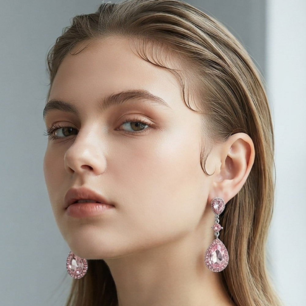 Madeline Love Lt Rose, Silver Double Teardrop Stone Accented Dangle Evening Earrings