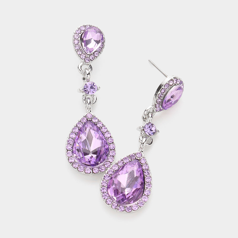 Madeline Love Silver, Violet Double Teardrop Stone Accented Dangle Evening Earrings