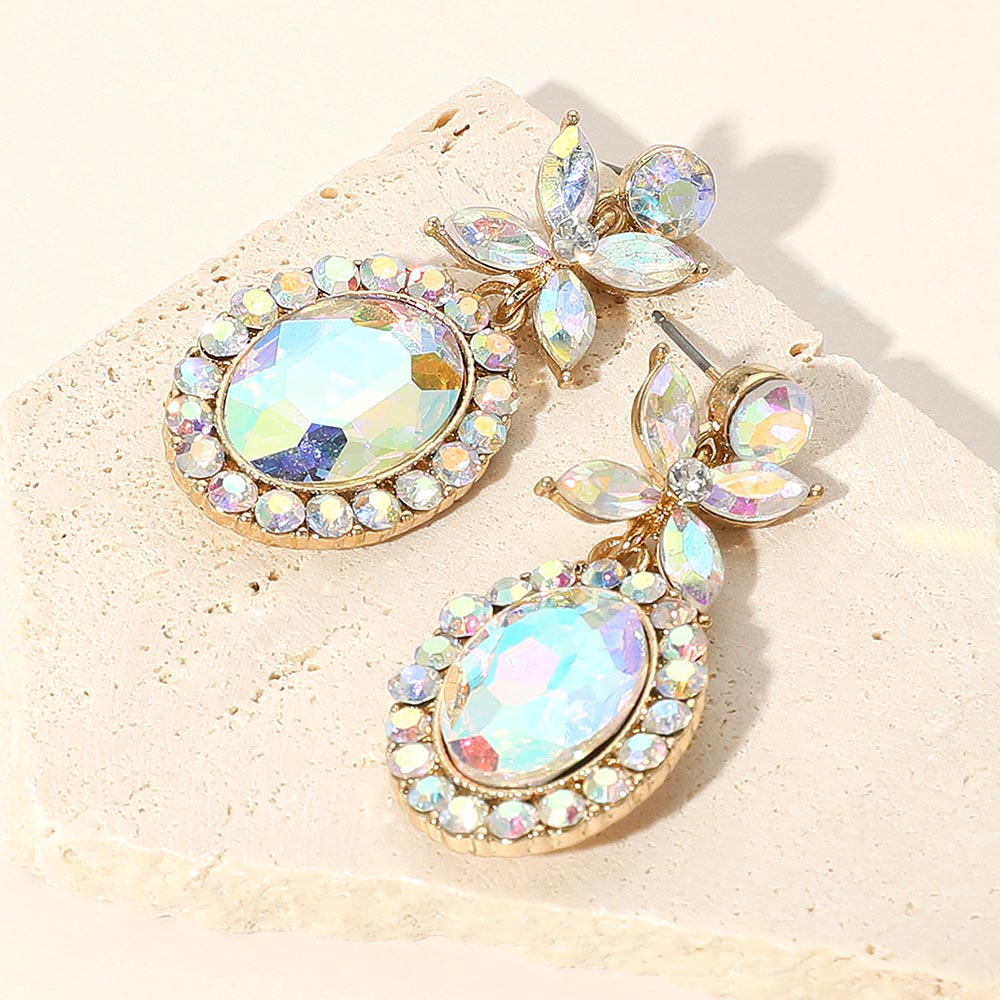 Madeline Love AB, Gold Oval Flower Crystal Evening Earrings