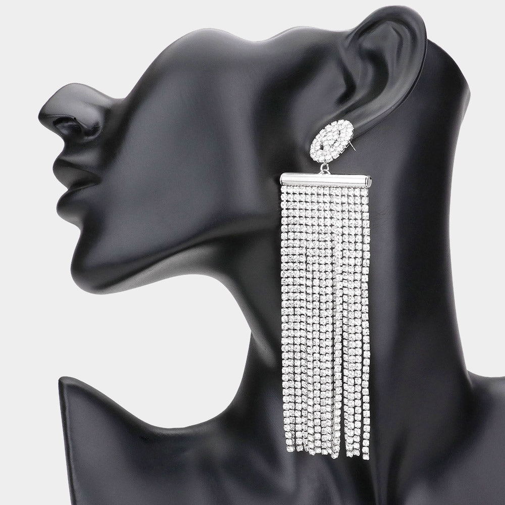 Madeline Love Clear, Silver Oversized Crystal Rhinestone Tassel Statement Earrings