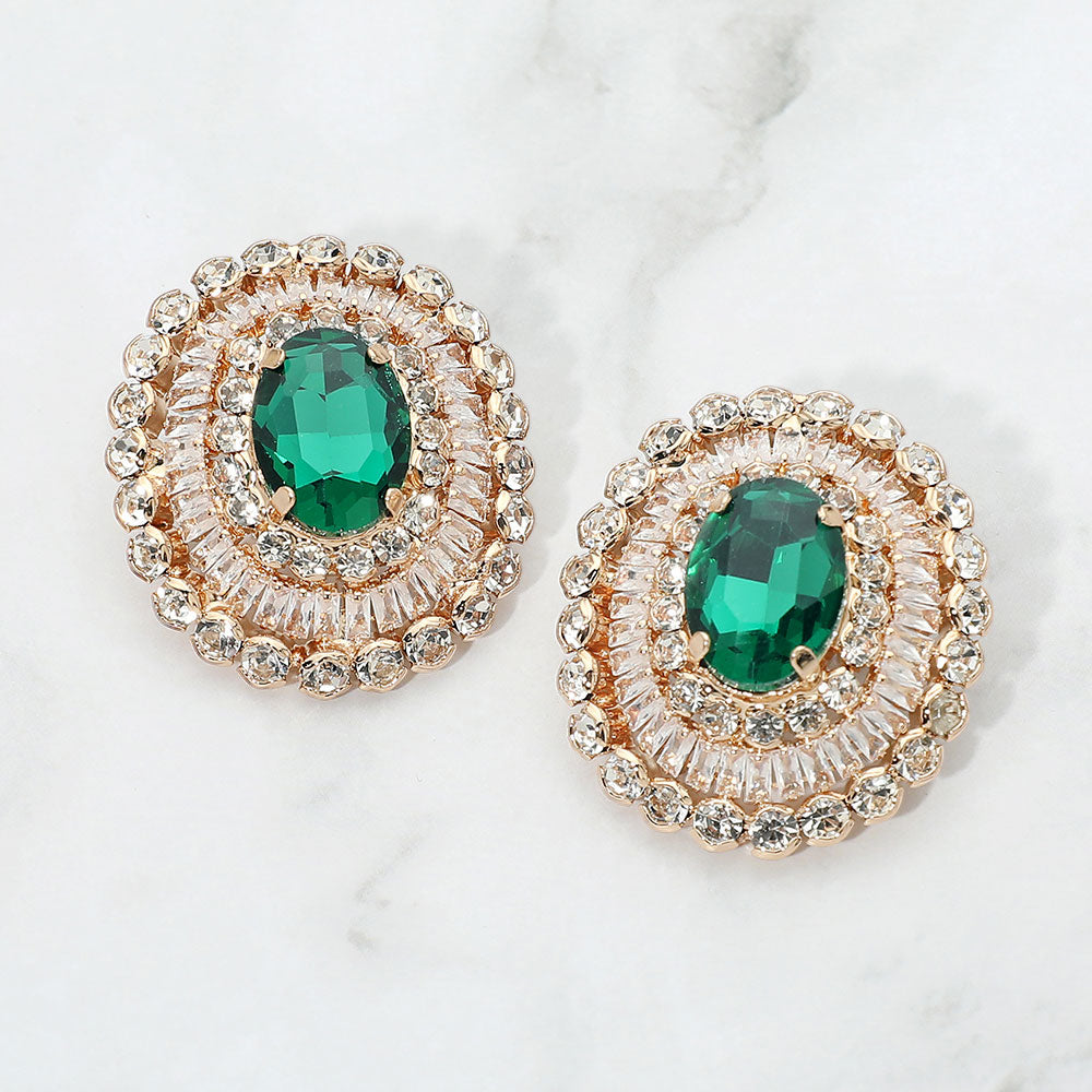 Madeline Love Gold, Green Vintage Glam Oval Stone Accent Statement Evening Earrings