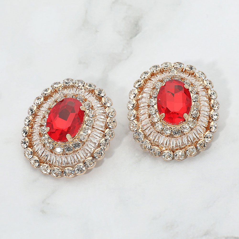 Madeline Love Gold, Red Vintage Glam Oval Stone Accent Statement Evening Earrings