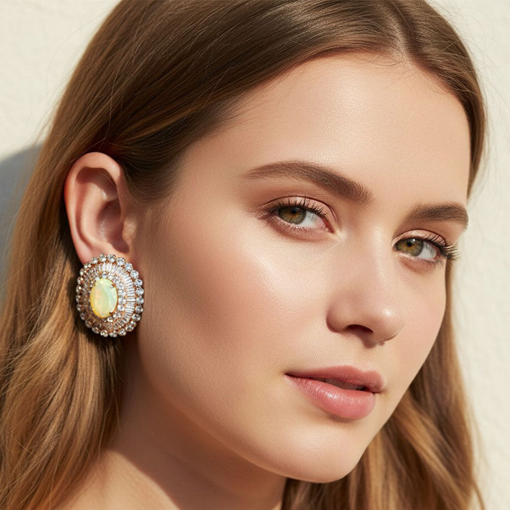 Madeline Love Gold, Yellow Vintage Glam Oval Stone Accent Statement Evening Earrings
