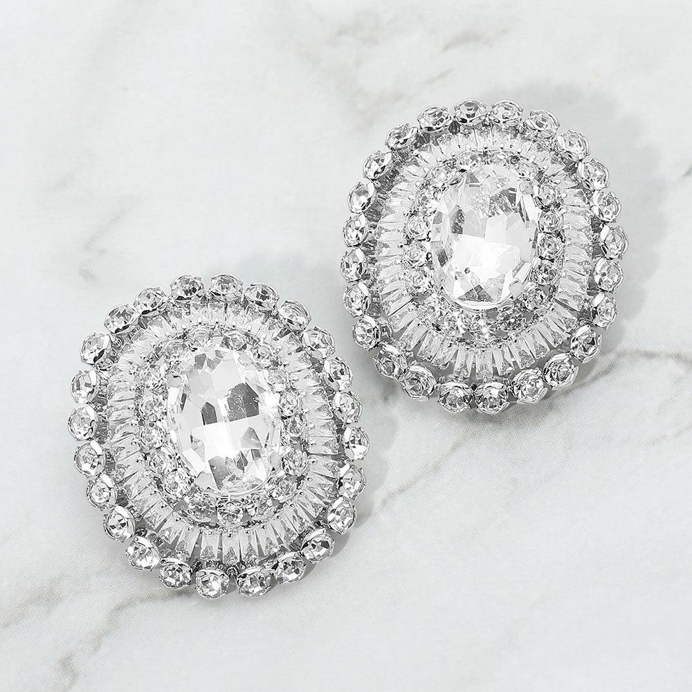 Madeline Love Clear, Rhodium Vintage Glam Oval Stone Accent Statement Evening Earrings