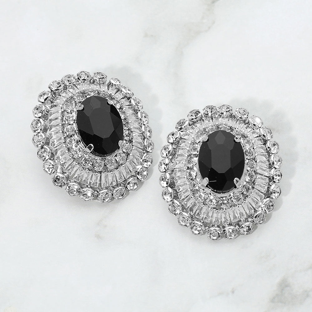 Madeline Love Jet Black, Rhodium Vintage Glam Oval Stone Accent Statement Evening Earrings