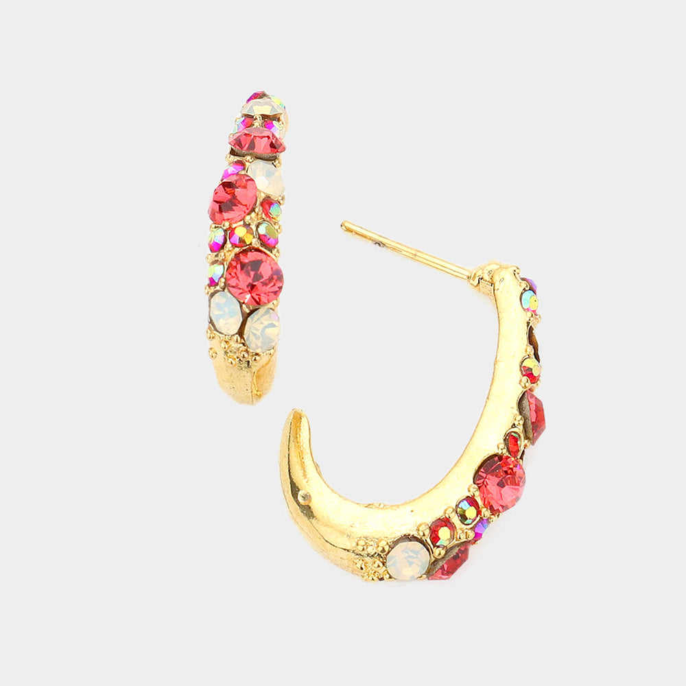 Madeline Love AB, Fuchsia, Gold, Opal Rhinestone Pave Half Hook Evening Earrings