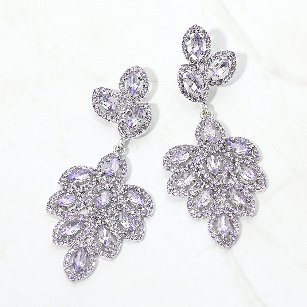 Madeline Love Silver, Violet Glass Crystal Marquise Cluster Drop Evening Earrings