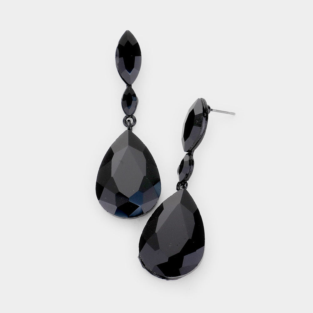 Madeline Love Black, Jet Black Double Marquise Stone Teardrop Link Dangle Evening Earrings