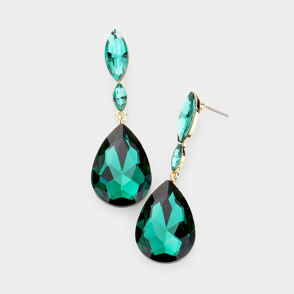 Madeline Love Emerald Double Marquise Stone Teardrop Link Dangle Evening Earrings