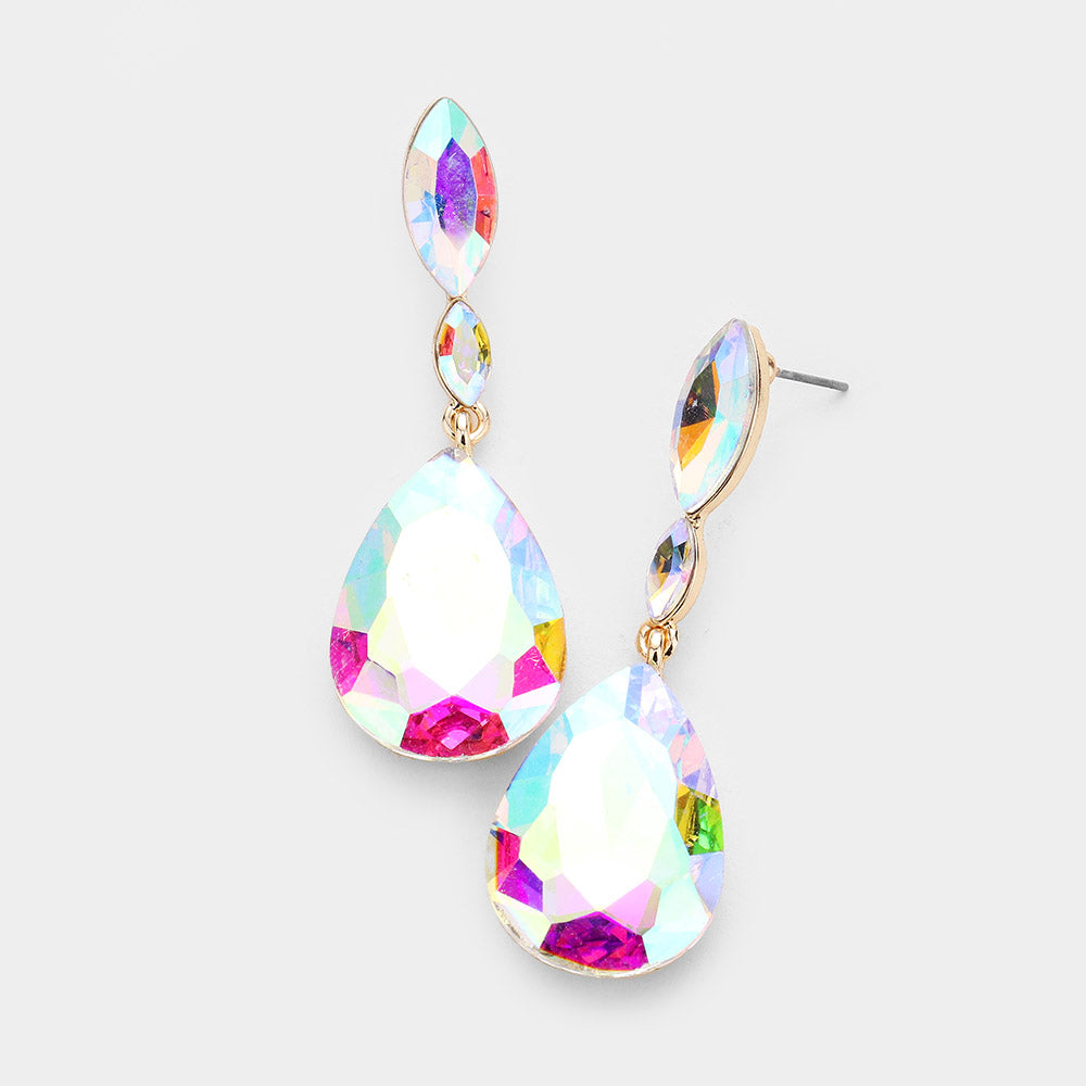 Madeline Love AB, Gold Double Marquise Stone Teardrop Link Dangle Evening Earrings