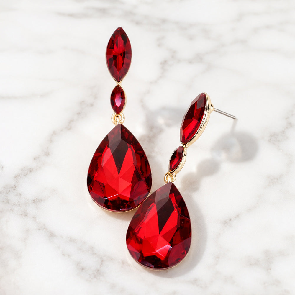 Madeline Love Gold, Siam Double Marquise Stone Teardrop Link Dangle Evening Earrings