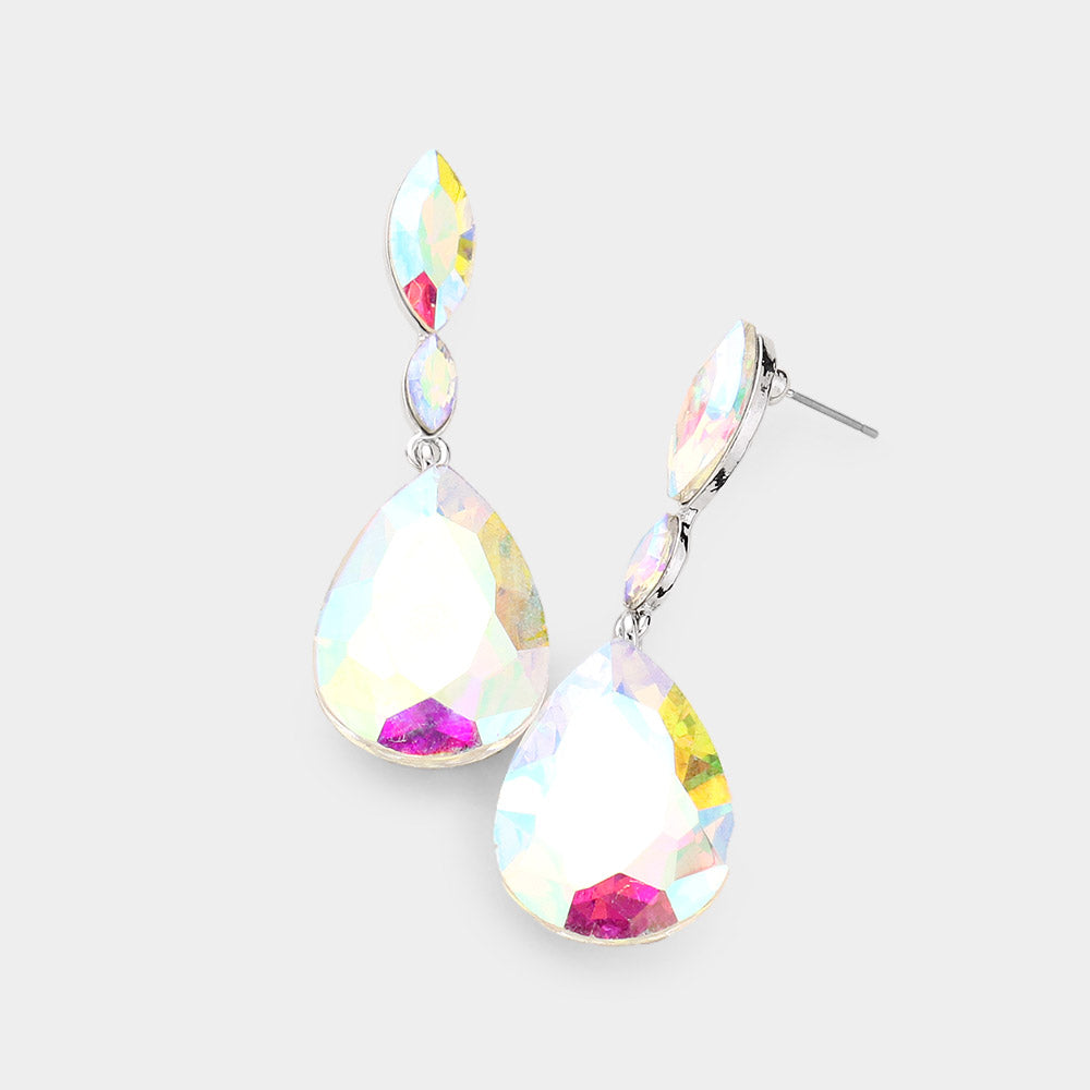 Madeline Love AB, Silver Double Marquise Stone Teardrop Link Dangle Evening Earrings