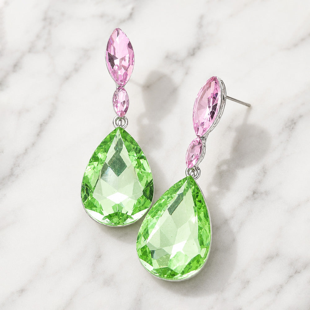 Madeline Love Pink&Green, Silver Double Marquise Stone Teardrop Link Dangle Evening Earrings