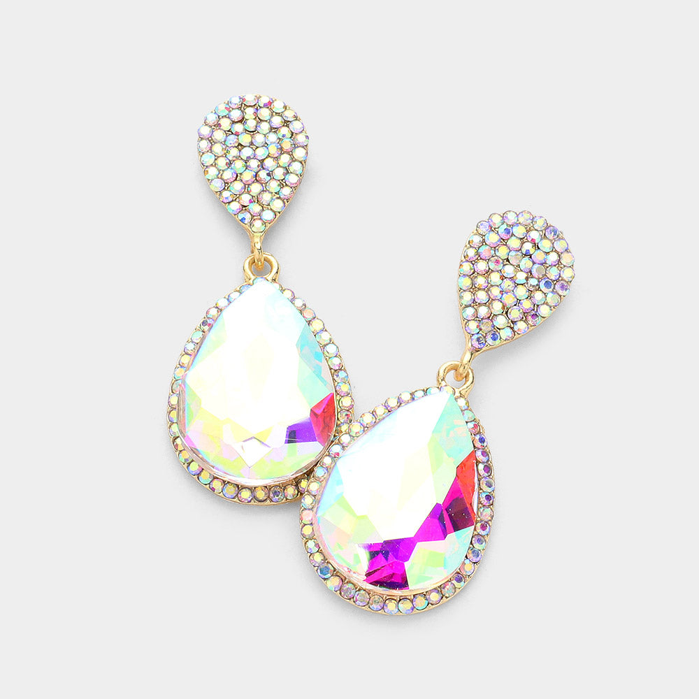 Madeline Love AB, Gold Glass Crystal Teardrop Rhinestone Trim Evening Earrings