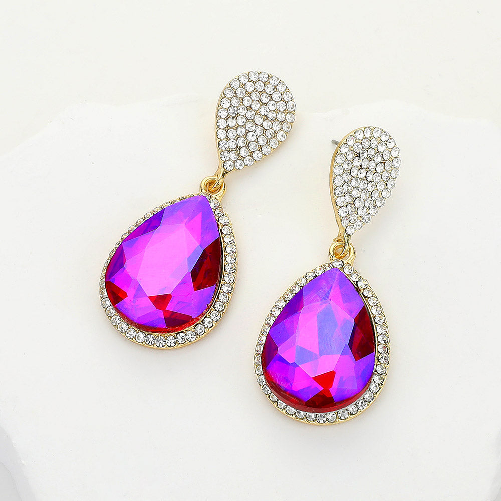 Madeline Love AB, Gold, Purple Glass Crystal Teardrop Rhinestone Trim Evening Earrings