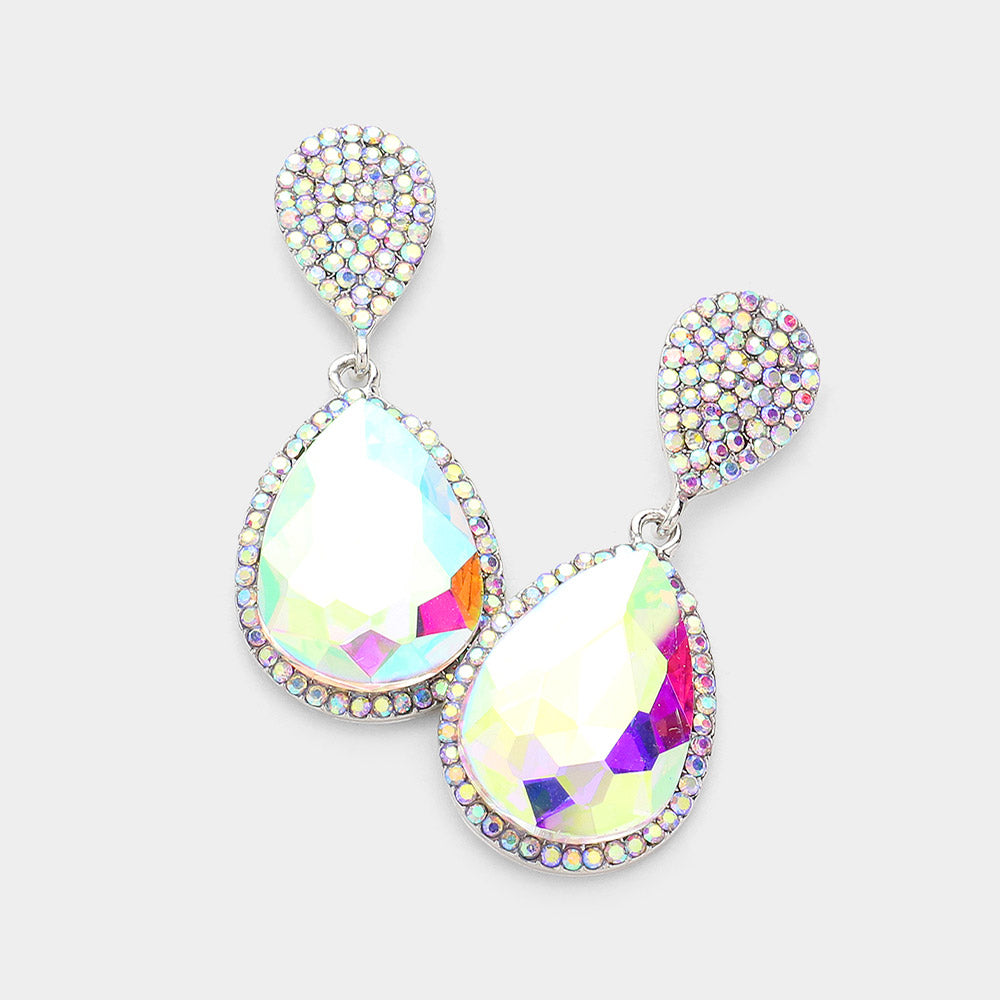 Madeline Love AB, Silver Glass Crystal Teardrop Rhinestone Trim Evening Earrings
