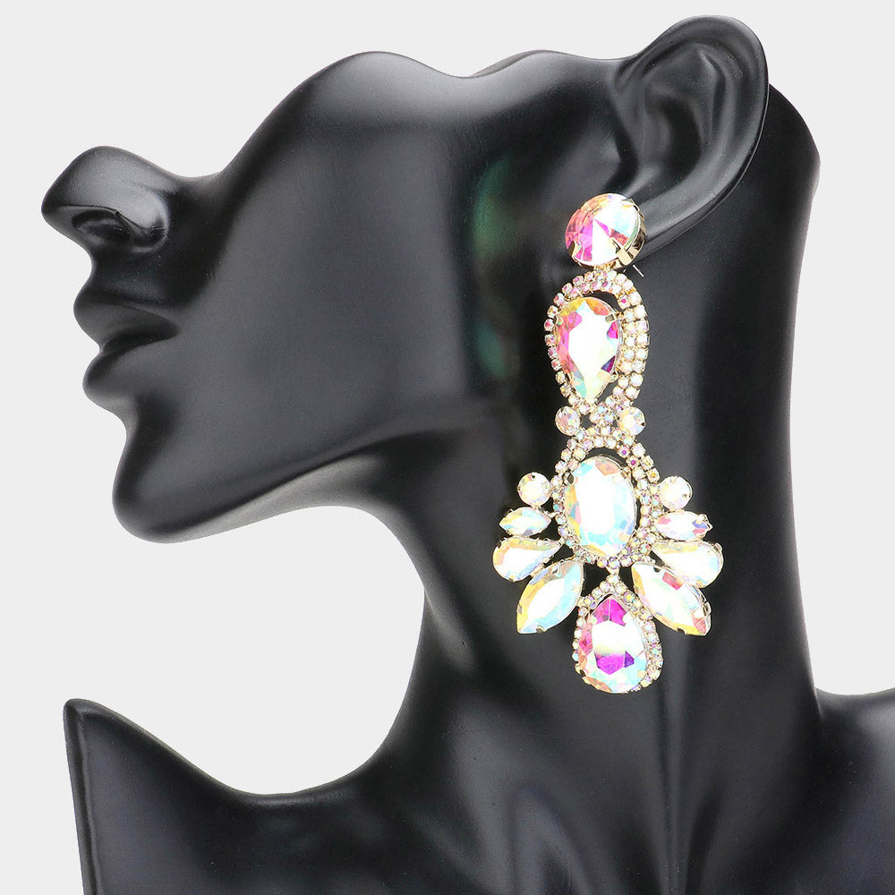 Madeline Love AB, Gold Crystal Rhinestone Pave Drop Evening Earrings