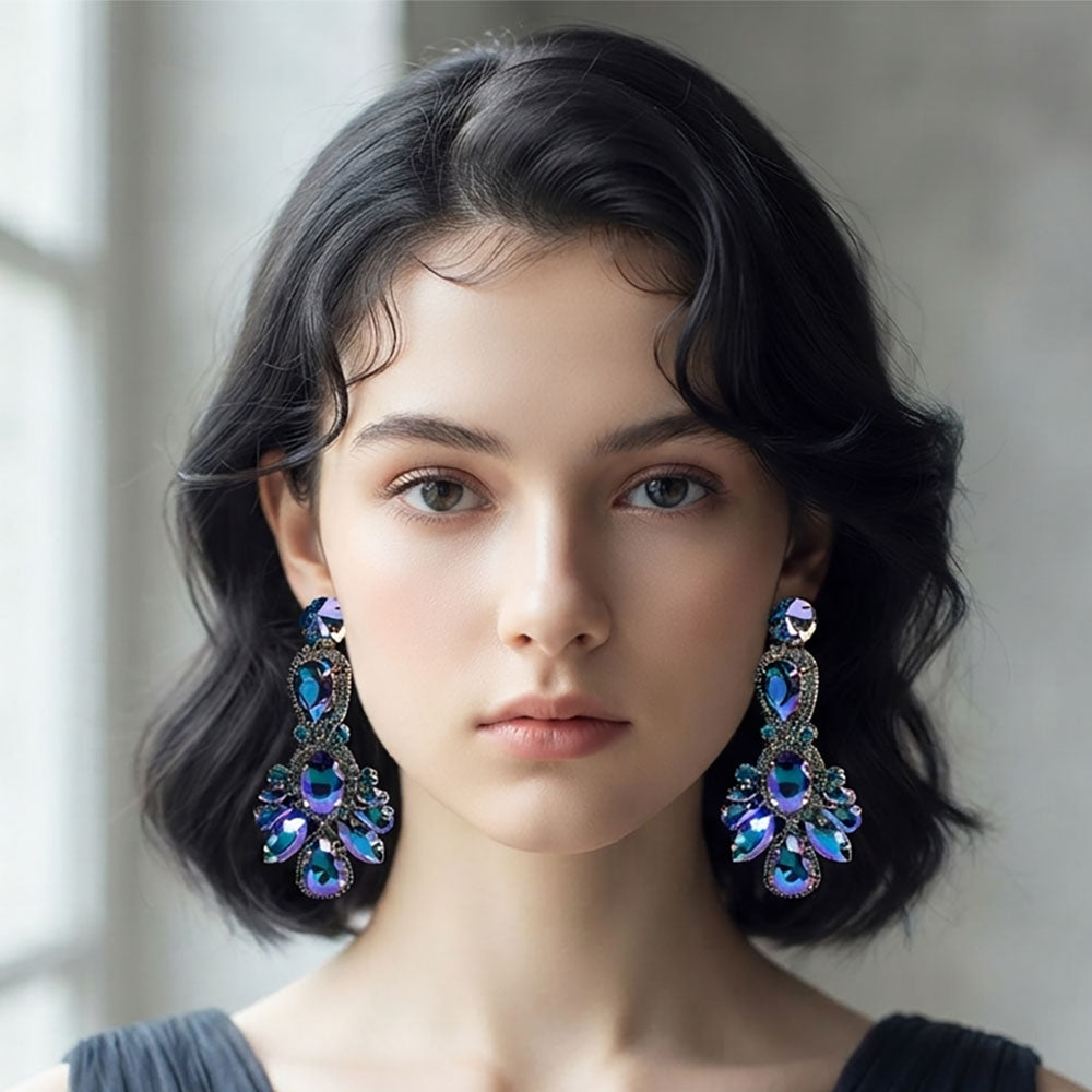 Madeline Love AB, Blue, Gold Crystal Rhinestone Pave Drop Evening Earrings