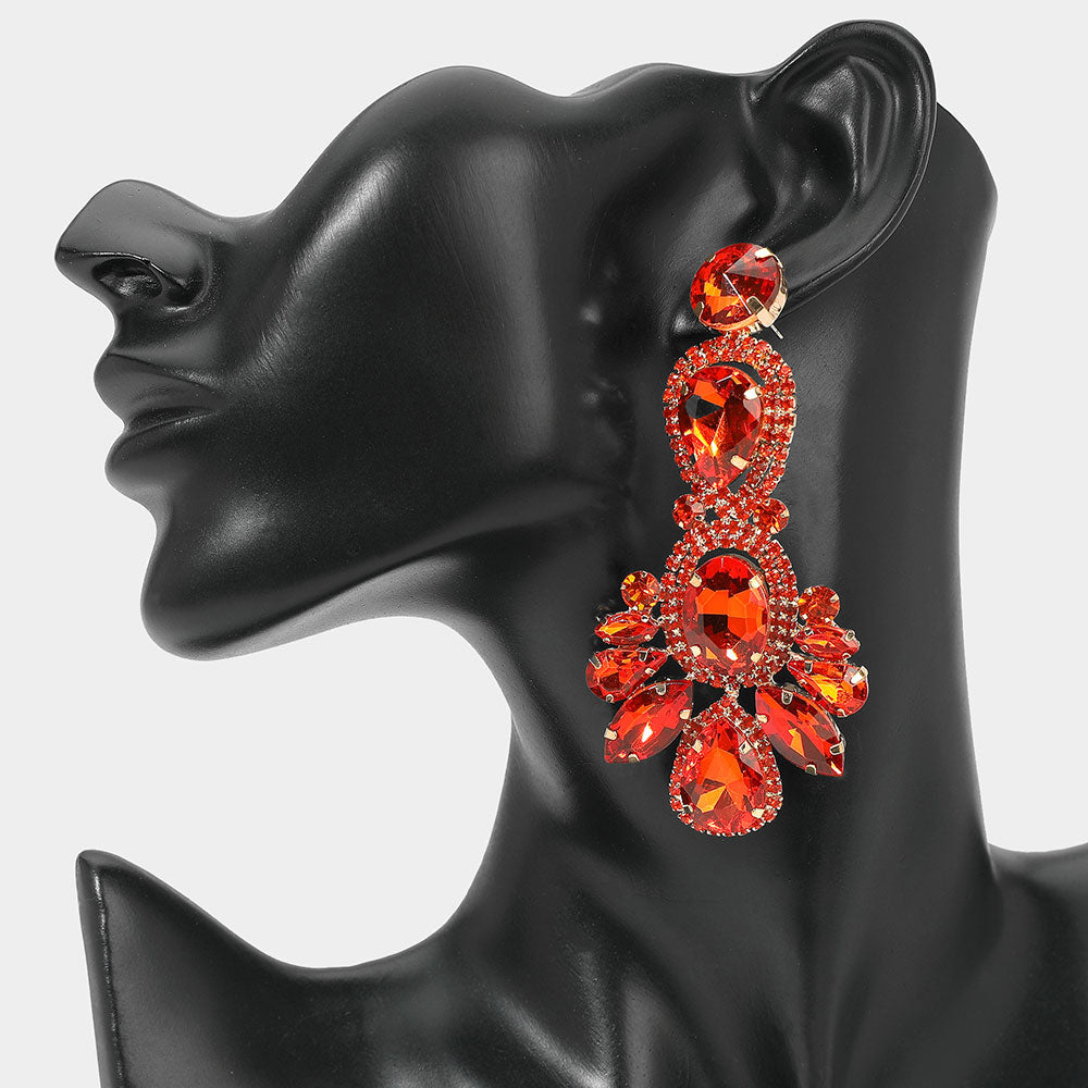 Madeline Love Gold, Orange Crystal Rhinestone Pave Drop Evening Earrings