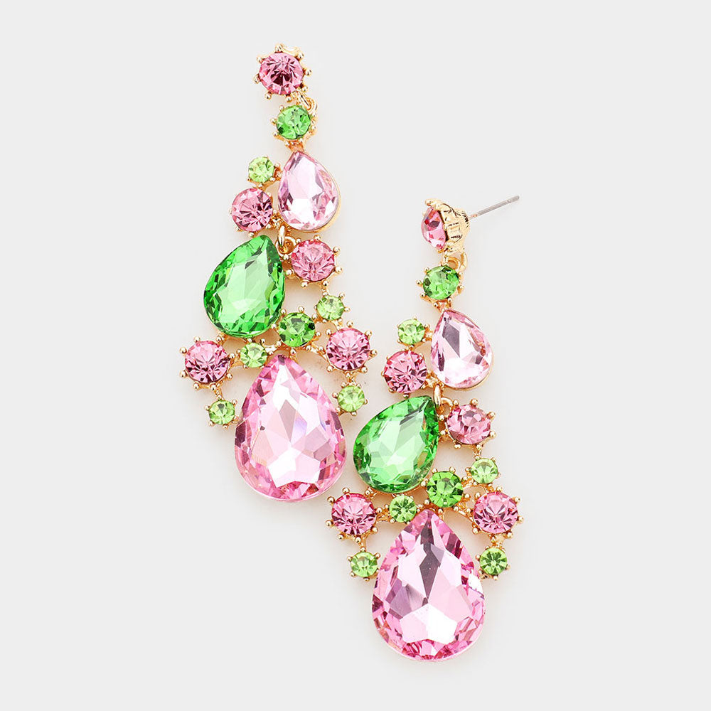 Madeline Love Gold, Pink&Green Pear Crystal Rhinestone Vine Evening Earrings