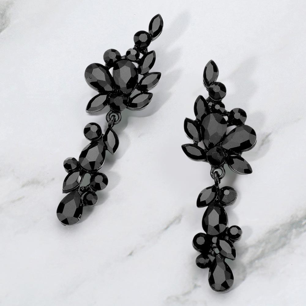 Madeline Love Black, Jet Black Multi Stone Cluster Vine Dangle Evening Earrings