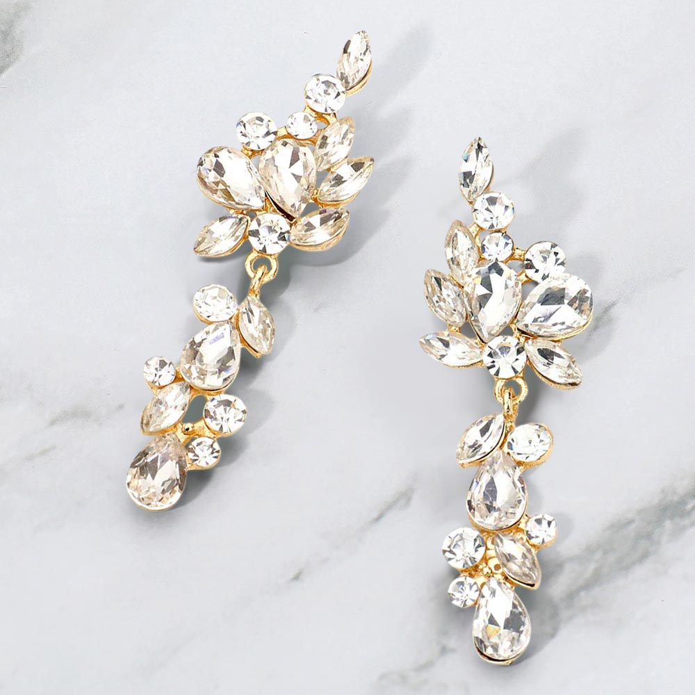 Madeline Love Clear, Gold Multi Stone Cluster Vine Dangle Evening Earrings