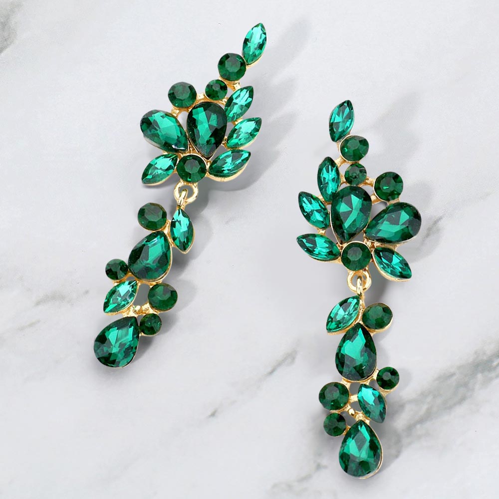 Madeline Love Emerald, Gold Multi Stone Cluster Vine Dangle Evening Earrings