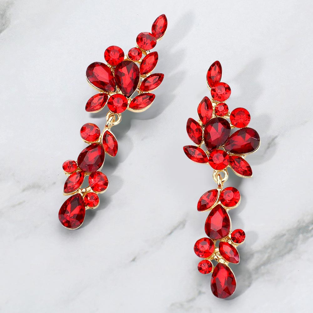 Madeline Love Gold, Siam Multi Stone Cluster Vine Dangle Evening Earrings