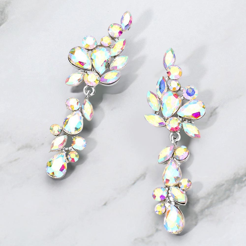 Madeline Love AB, Silver Multi Stone Cluster Vine Dangle Evening Earrings
