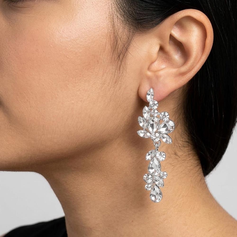 Madeline Love Clear, Silver Multi Stone Cluster Vine Dangle Evening Earrings