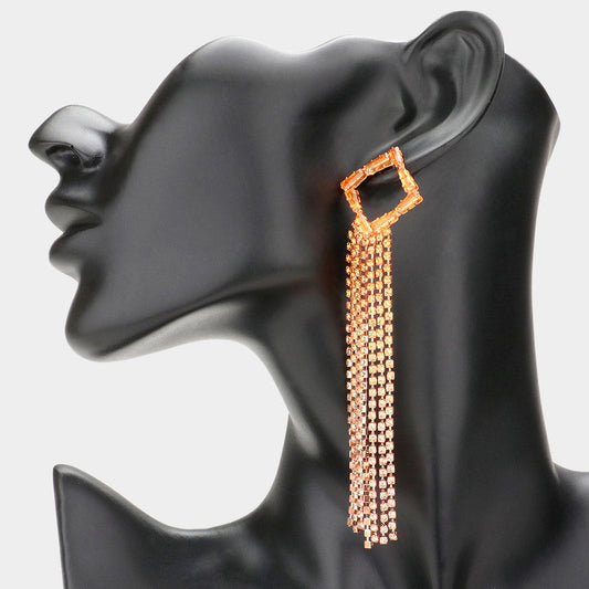 Madeline Love Peach Square Accented Rhinestone Long Drop Evening Earrings