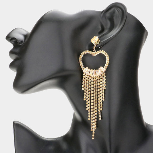 Heart Accented Rhinestone Fringe Evening Earrings