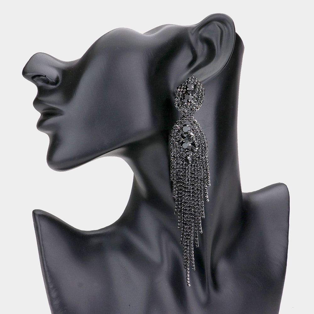 Madeline Love Black, Jet Black Rhinestone Long Drop Statement Evening Earrings