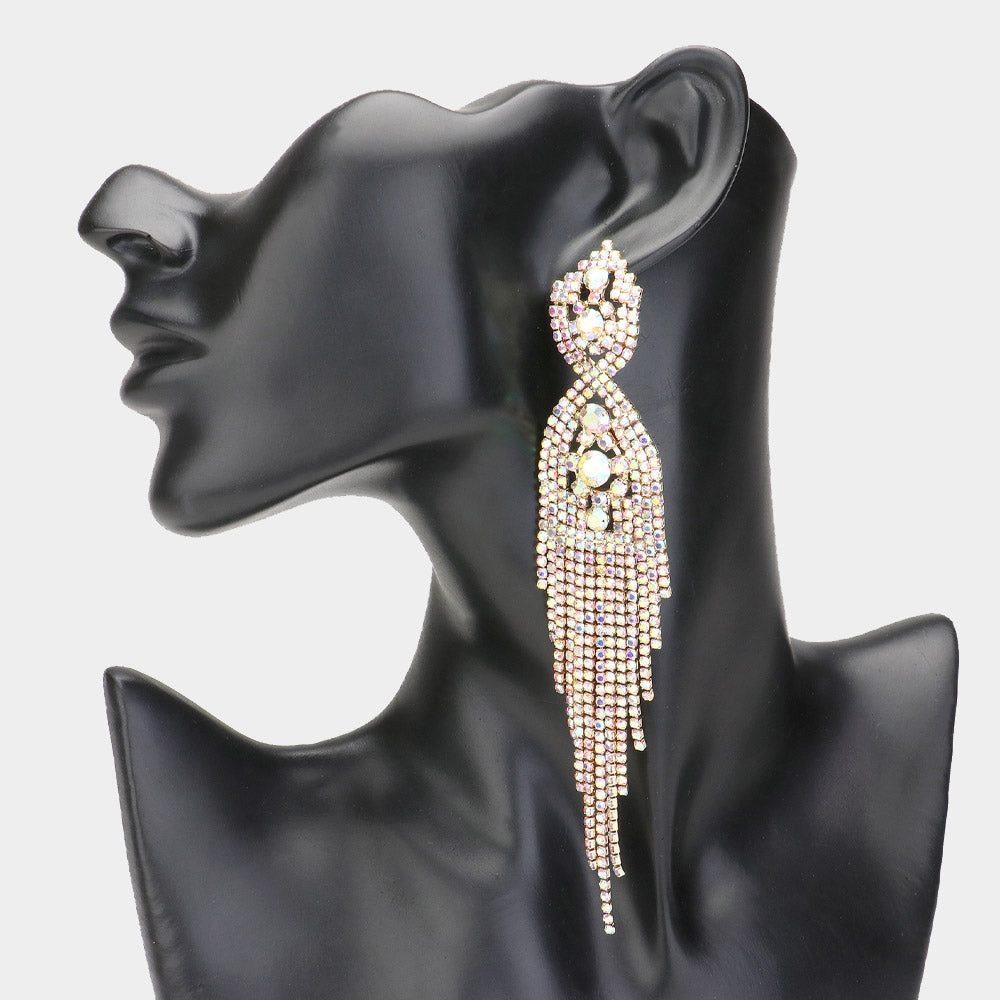 Madeline Love AB, Gold Rhinestone Long Drop Statement Evening Earrings