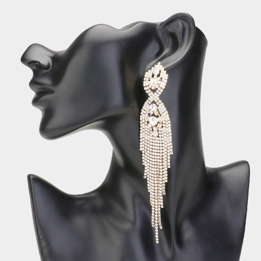 Madeline Love Gold Rhinestone Long Drop Statement Evening Earrings