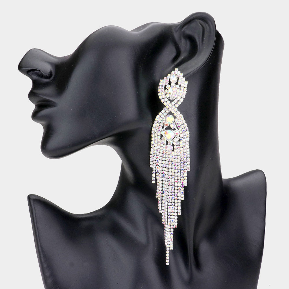 Madeline Love AB, Silver Rhinestone Long Drop Statement Evening Earrings