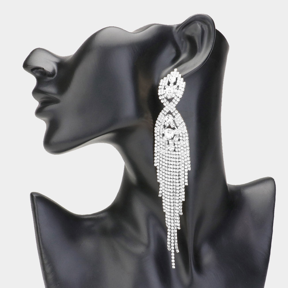 Madeline Love Silver Rhinestone Long Drop Statement Evening Earrings