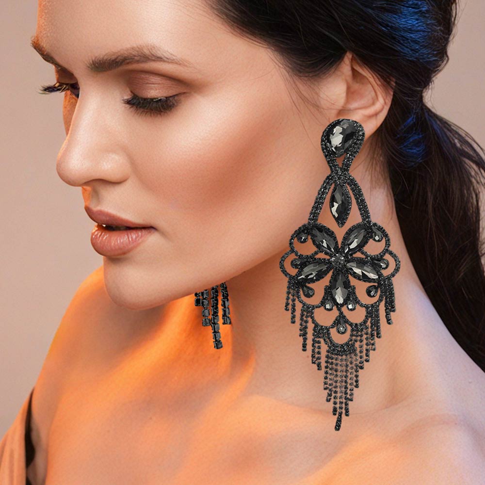 Madeline Love Black Diamond Marquise Stone Flower Accented Chandelier Evening Earrings
