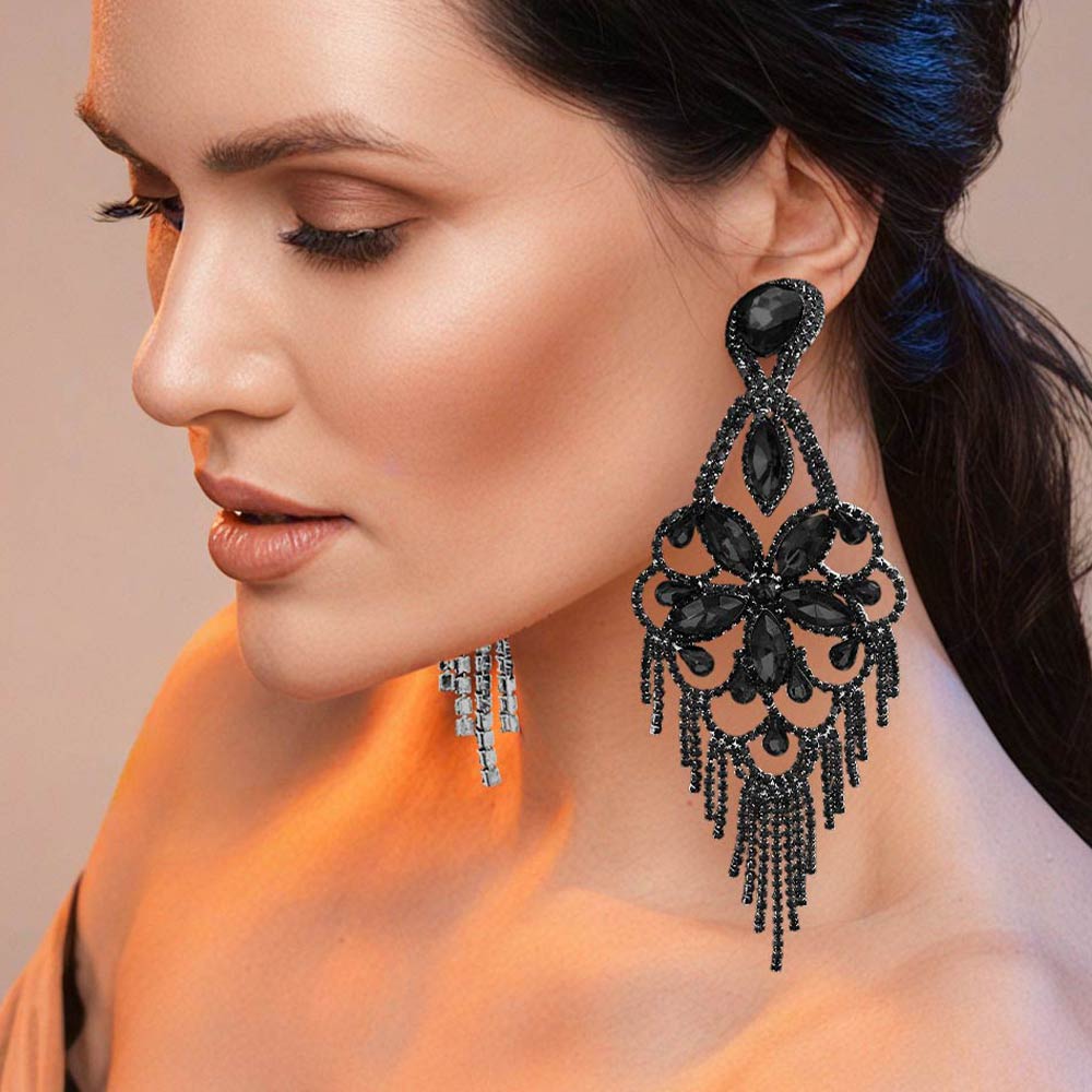 Madeline Love Black, Jet Black Marquise Stone Flower Accented Chandelier Evening Earrings