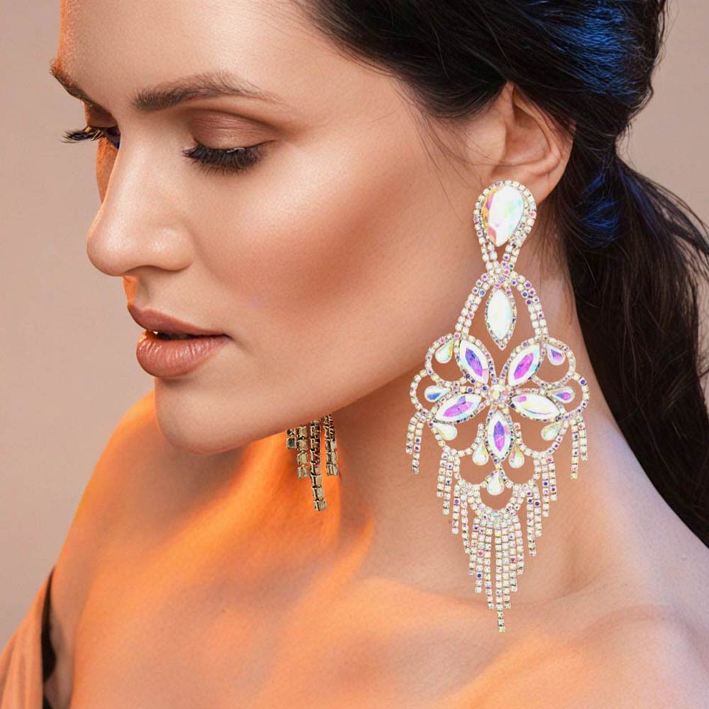 Madeline Love AB, Gold Marquise Stone Flower Accented Chandelier Evening Earrings