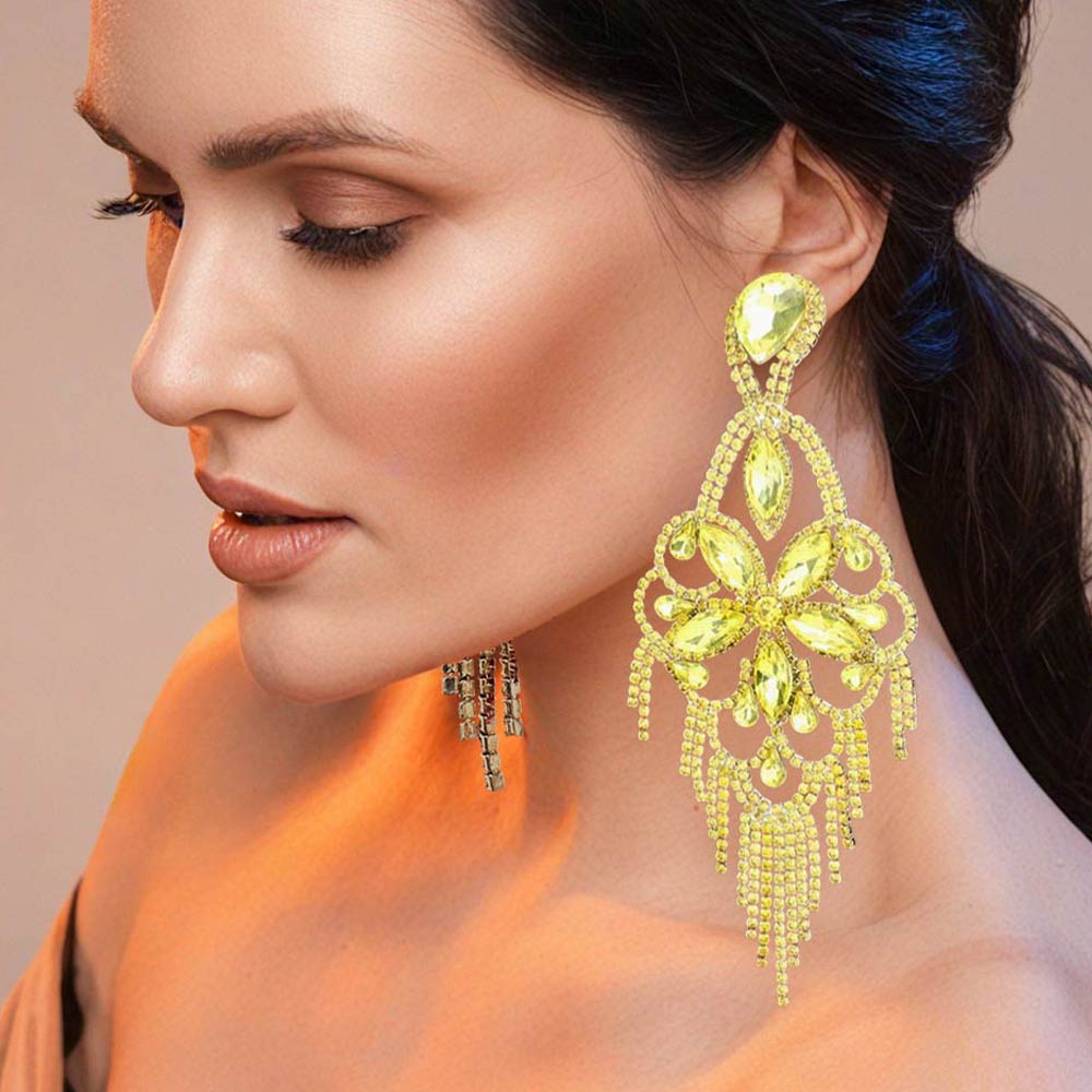 Madeline Love Gold, Yellow Marquise Stone Flower Accented Chandelier Evening Earrings