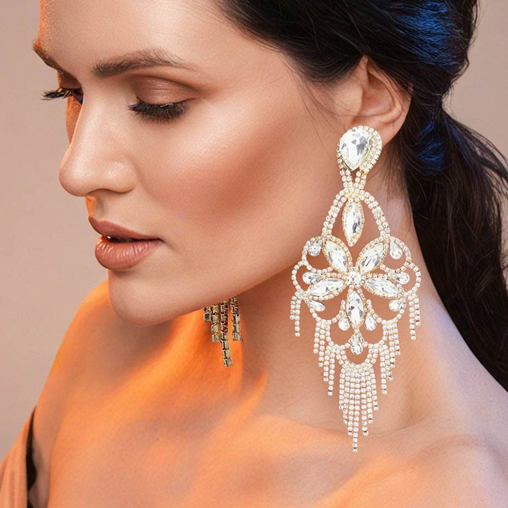 Madeline Love Clear, Gold Marquise Stone Flower Accented Chandelier Evening Earrings