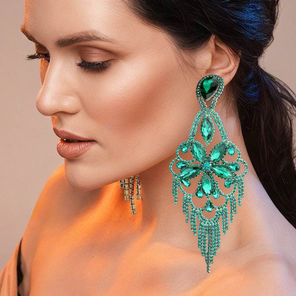 Madeline Love Emerald, Gold Marquise Stone Flower Accented Chandelier Evening Earrings