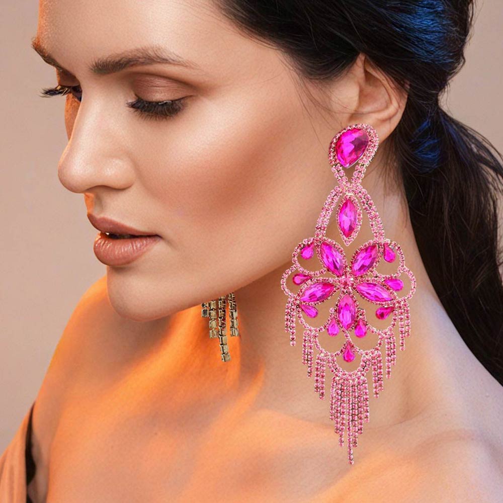 Madeline Love Fuchsia, Gold Marquise Stone Flower Accented Chandelier Evening Earrings