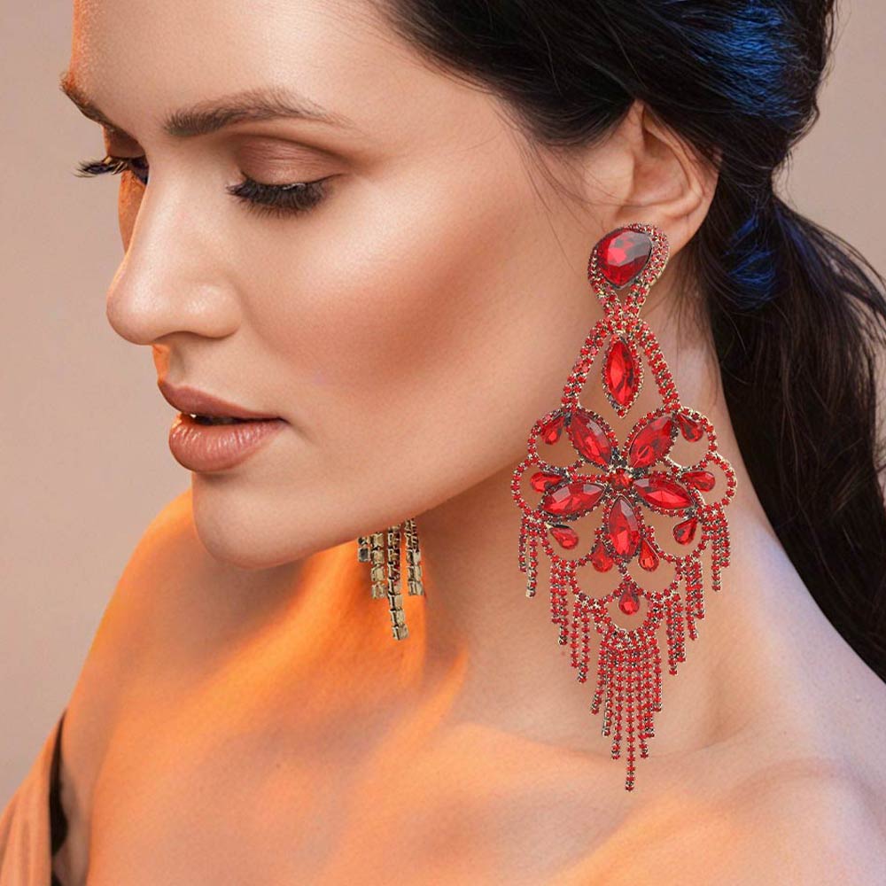 Madeline Love Gold, Siam Marquise Stone Flower Accented Chandelier Evening Earrings