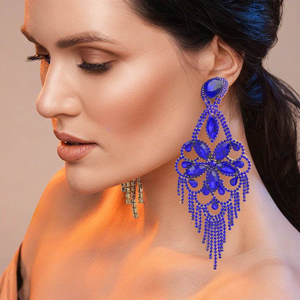 Madeline Love Gold, Sapphire Marquise Stone Flower Accented Chandelier Evening Earrings
