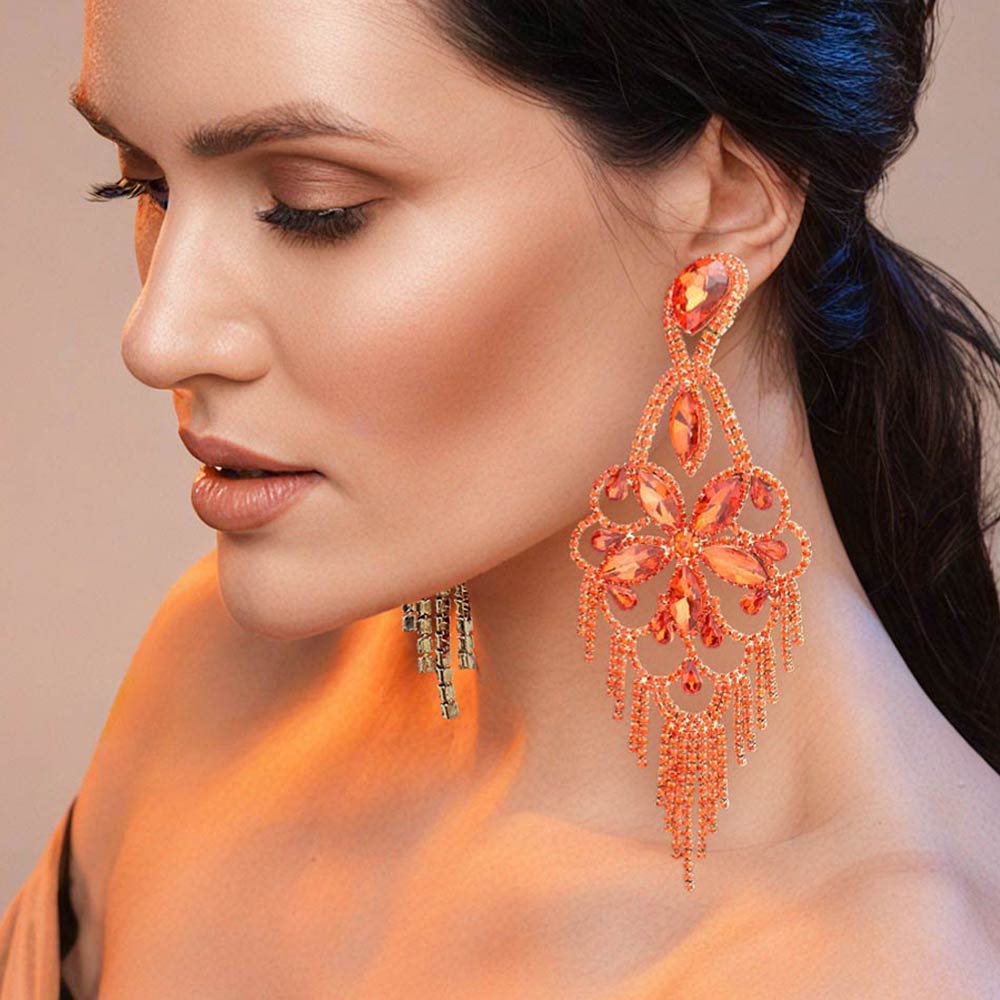 Madeline Love Gold, Orange Marquise Stone Flower Accented Chandelier Evening Earrings