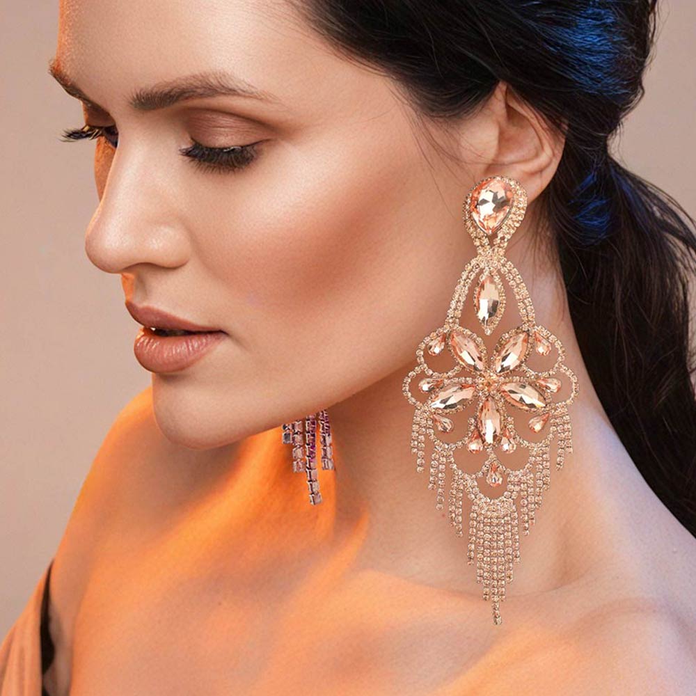 Madeline Love Peach, Rose Gold Marquise Stone Flower Accented Chandelier Evening Earrings