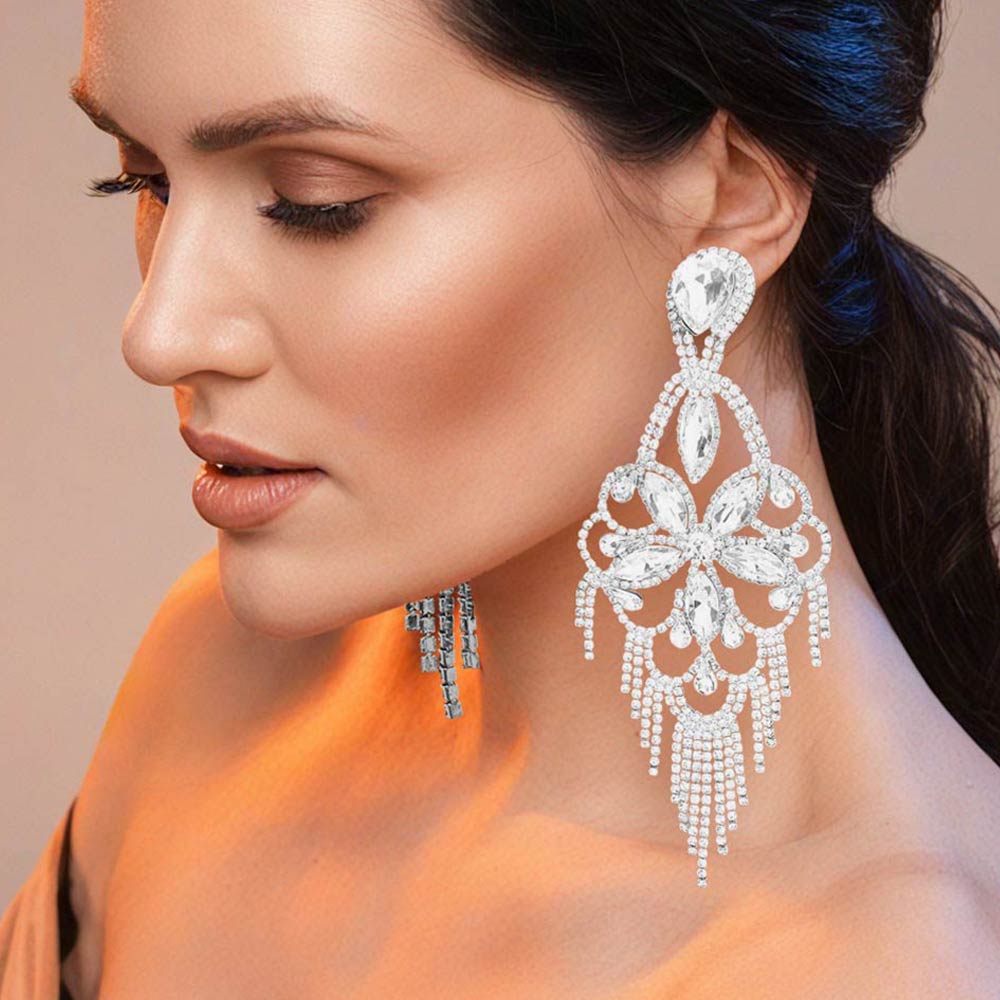 Madeline Love Clear, Silver Marquise Stone Flower Accented Chandelier Evening Earrings