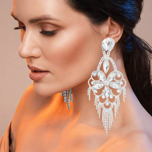 Madeline Love Clear, Silver Marquise Stone Flower Accented Chandelier Evening Earrings